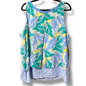 Crown & Ivy size xxl sleeveless pleated layered tank button back striped floral